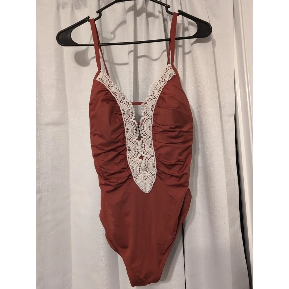 NWT Time and True One Piece Embroidered Front High Leg Low Tie Back Sz. M (8-10)